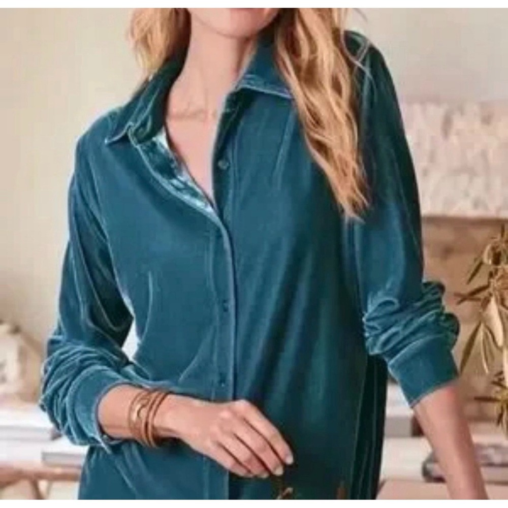 Soft Surroundings Size-XL Velvet Boyfriend Tunic Teal Shirt Long Button-Up‎